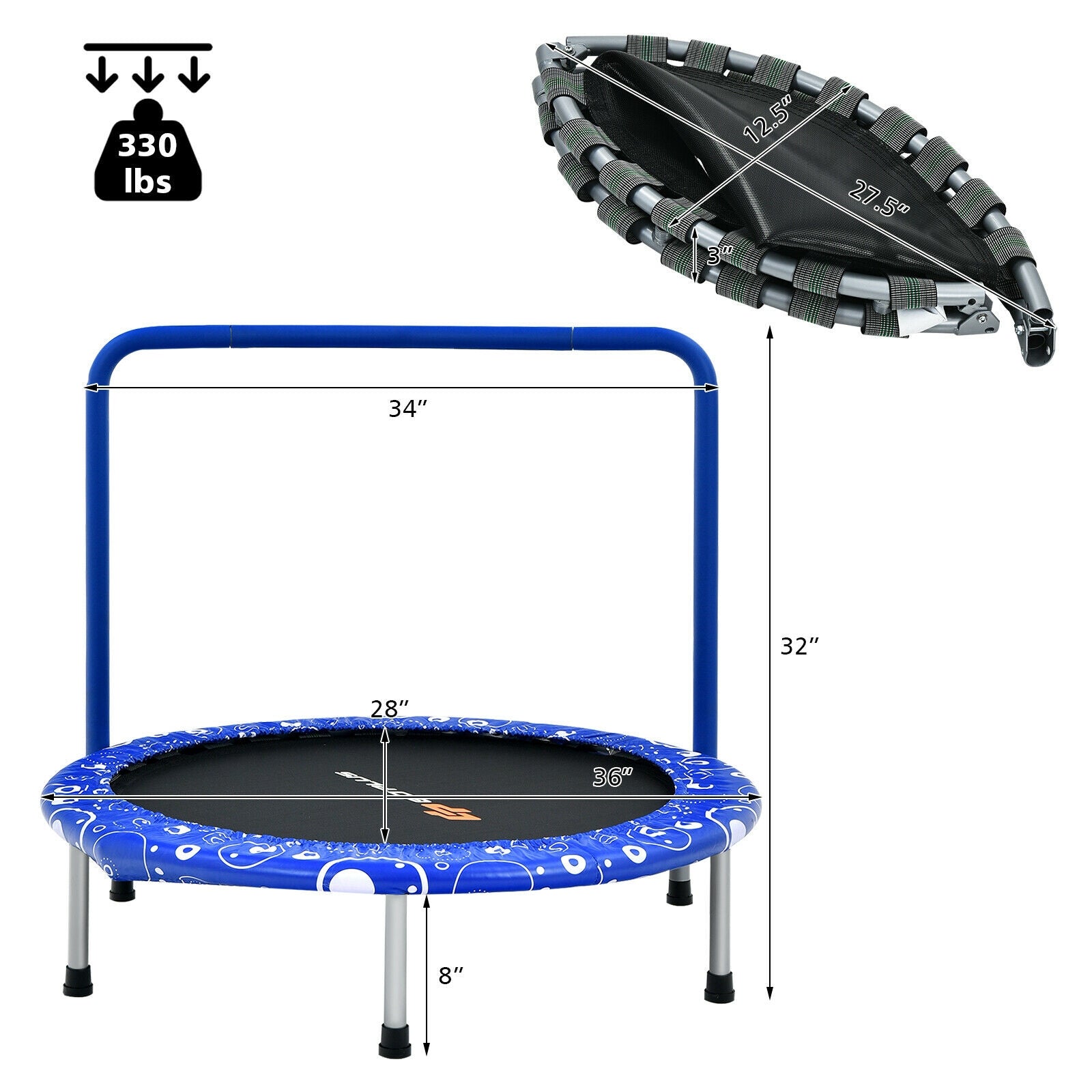 36 Inch Kids Trampoline Mini Rebounder with Full Covered Handrail -Blue