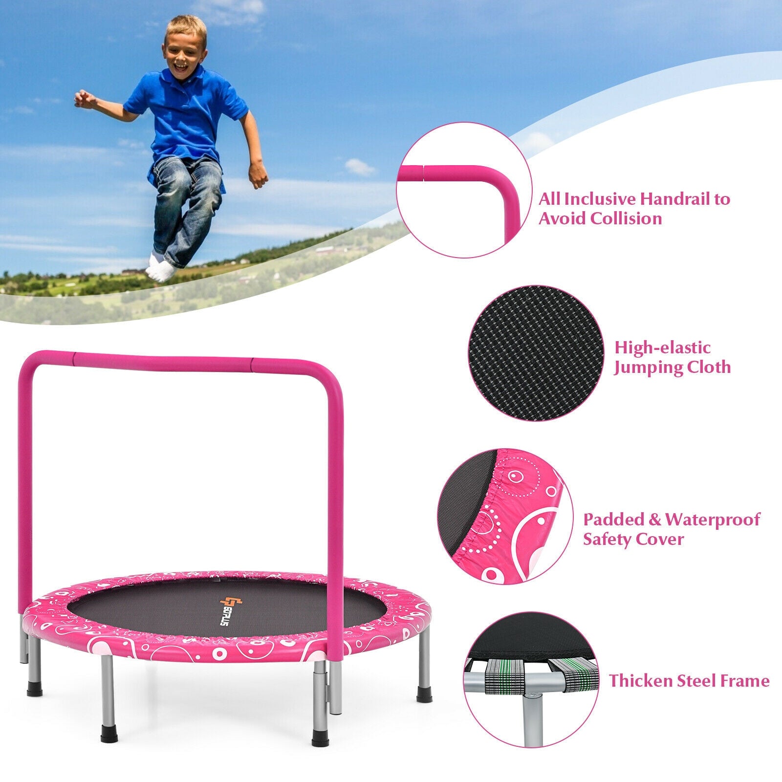 36 Inch Kids Trampoline Mini Rebounder with Full Covered Handrail -Pink