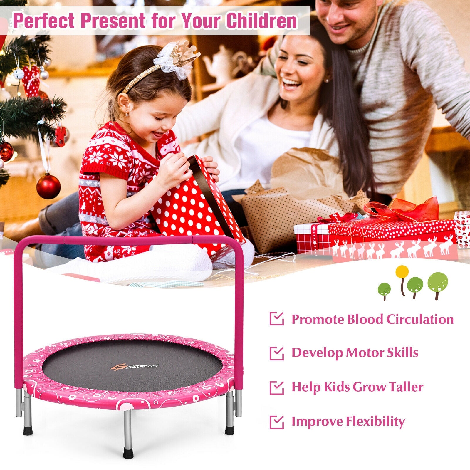 36 Inch Kids Trampoline Mini Rebounder with Full Covered Handrail -Pink