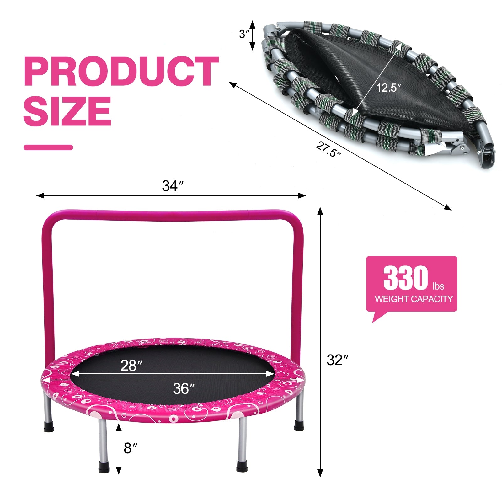 36 Inch Kids Trampoline Mini Rebounder with Full Covered Handrail -Pink