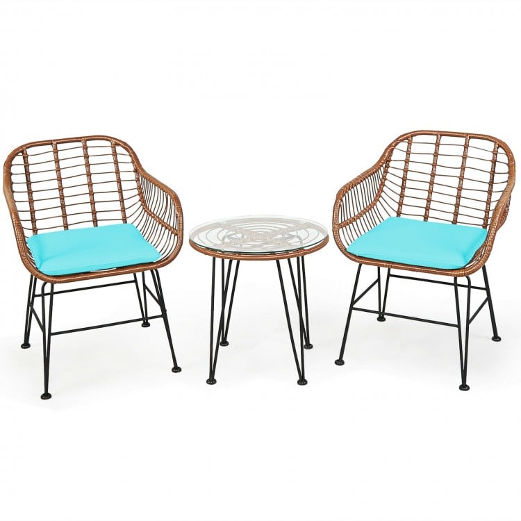3 Pieces Patio Rattan Bistro Set with Cushion-Turquoise