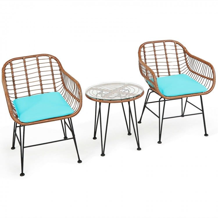 3 Pieces Patio Rattan Bistro Set with Cushion-Turquoise