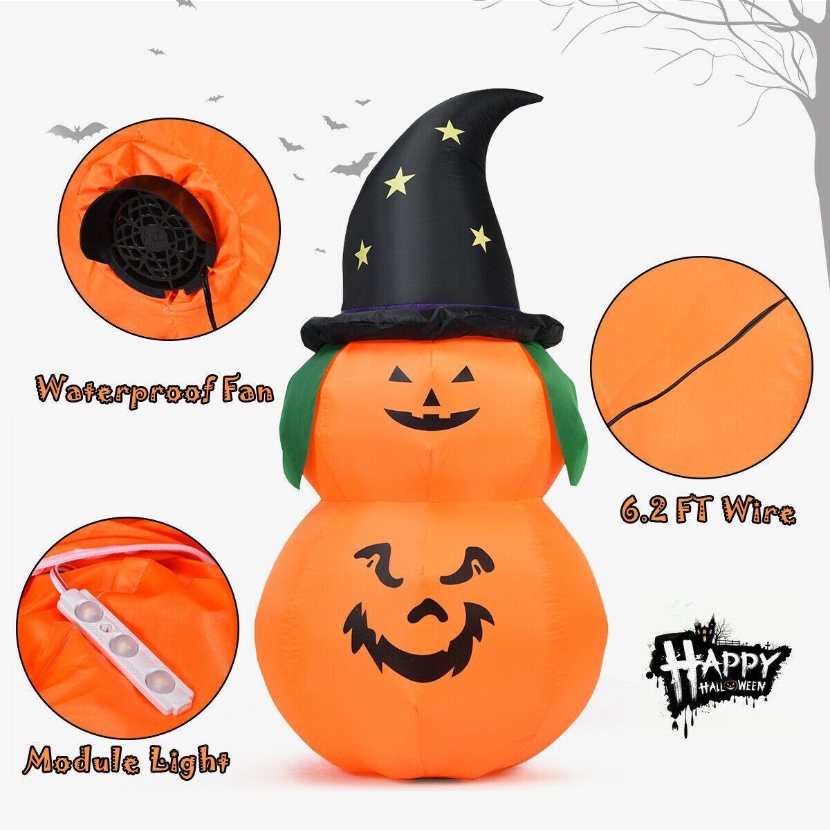 5 Feet Halloween Inflatable LED Pumpkin with Witch Hat