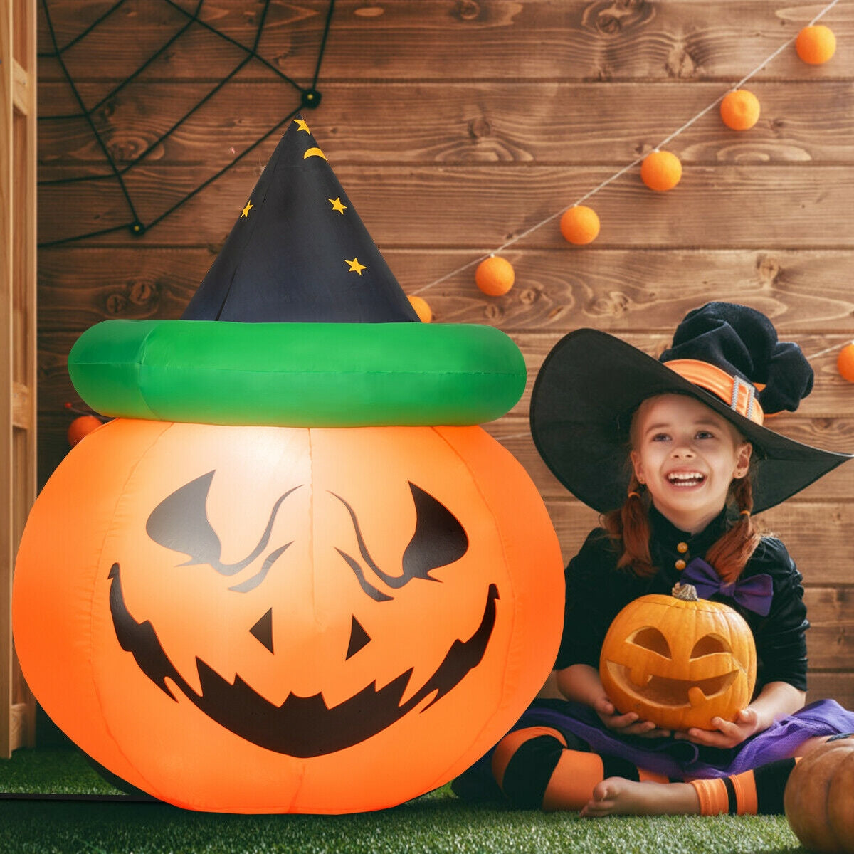 4 Feet Halloween Inflatable LED Pumpkin with Witch Hat