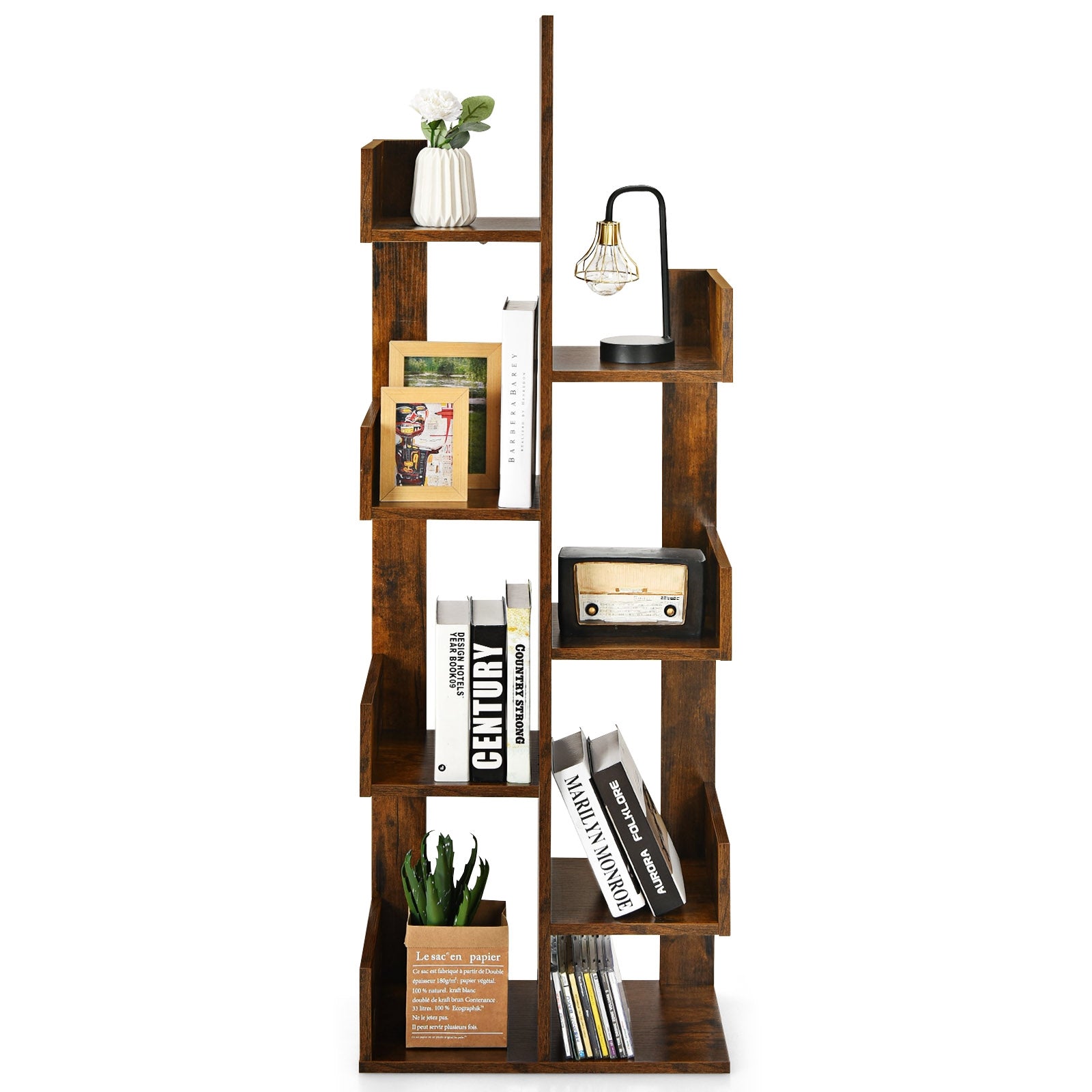 8-Tier Bookshelf Bookcase with 8 Open Compartments Space-Saving Storage Rack -Coffee