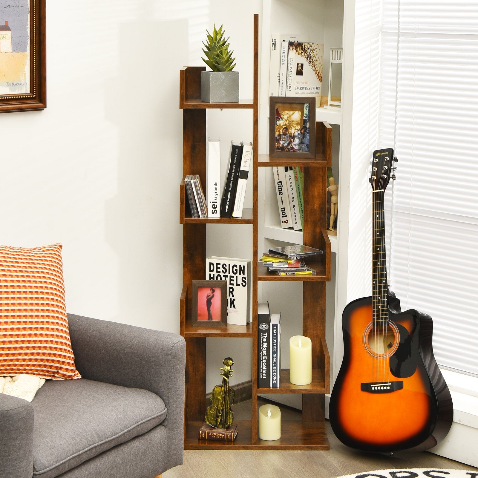 8-Tier Bookshelf Bookcase with 8 Open Compartments Space-Saving Storage Rack -Coffee