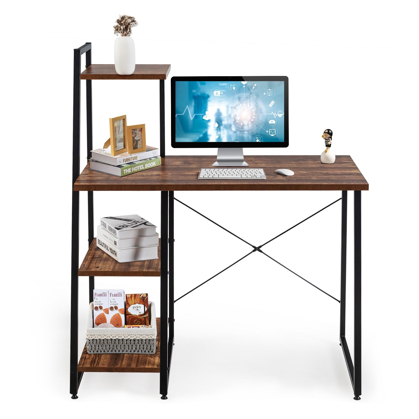 Compact Computer Desk Workstation with 4 Tier Shelves for Home and Office-Brown