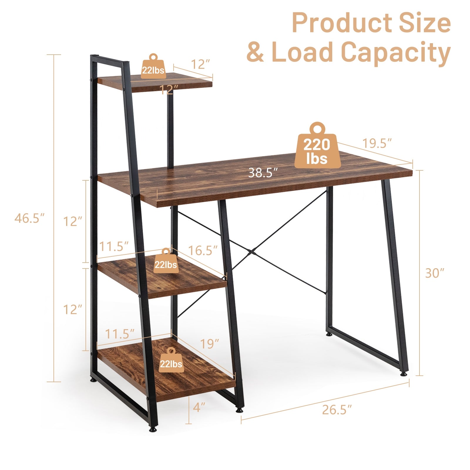 Compact Computer Desk Workstation with 4 Tier Shelves for Home and Office-Brown