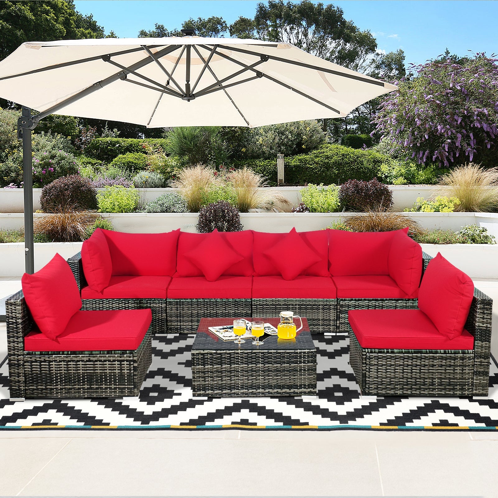 7 Pieces Patio Rattan Furniture Set Sectional Sofa Garden Cushion-RedÂ 