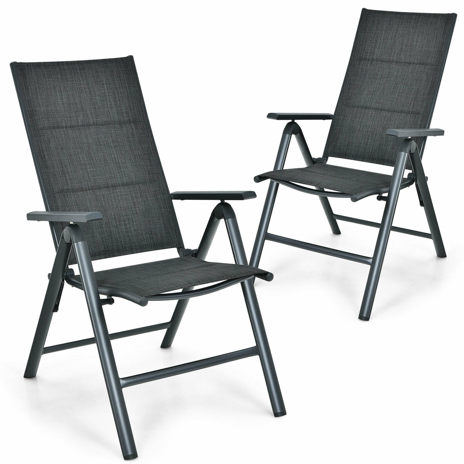 2 Pieces Patio Folding Dining Chairs Aluminum Padded Adjustable Back-Gray