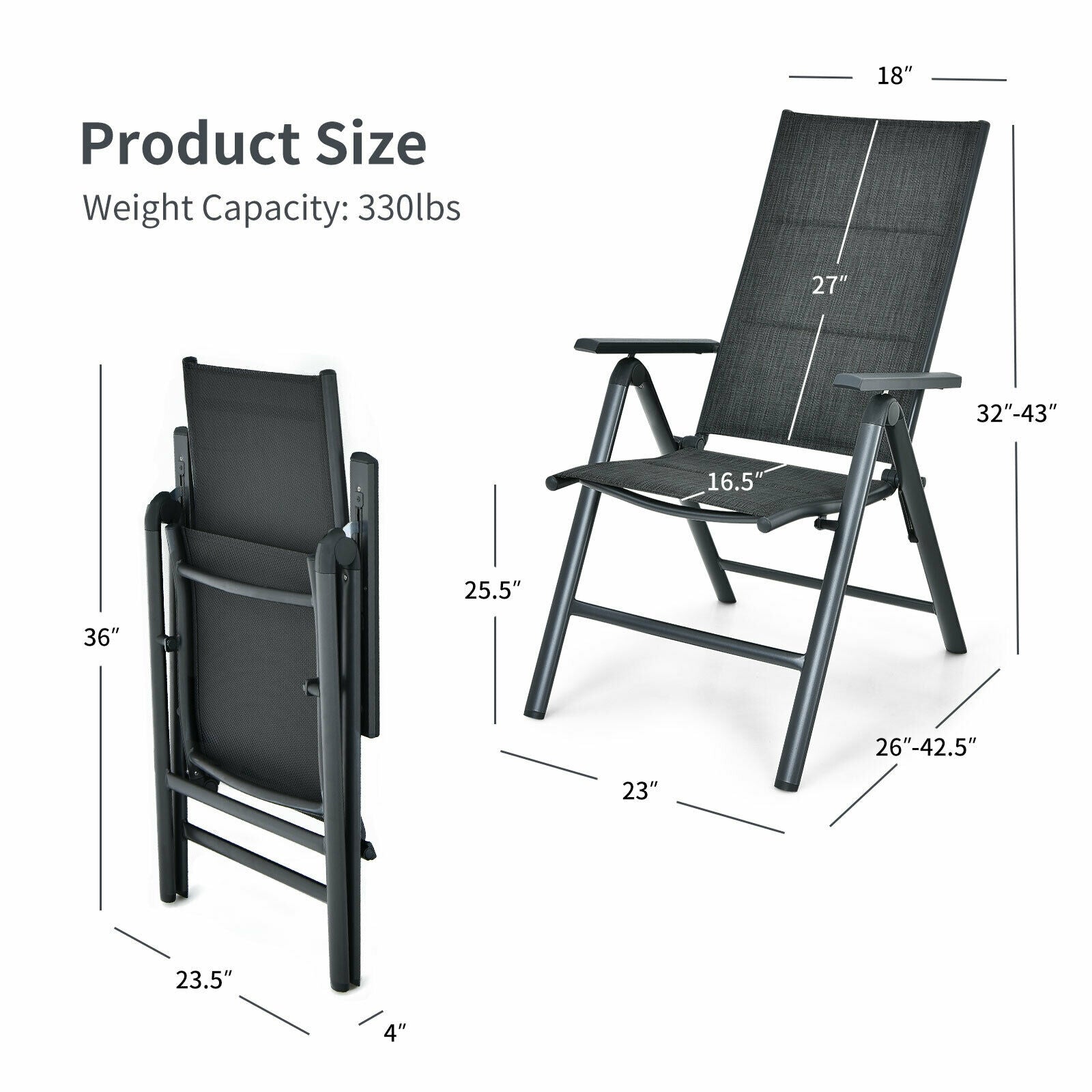 2 Pieces Patio Folding Dining Chairs Aluminum Padded Adjustable Back-Gray