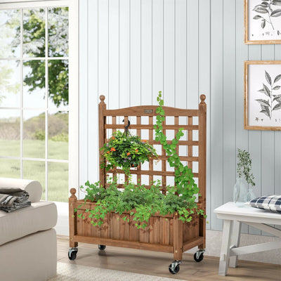 32in Wood Planter Box with Trellis Mobile Raised Bed for Climbing PlantÂ 