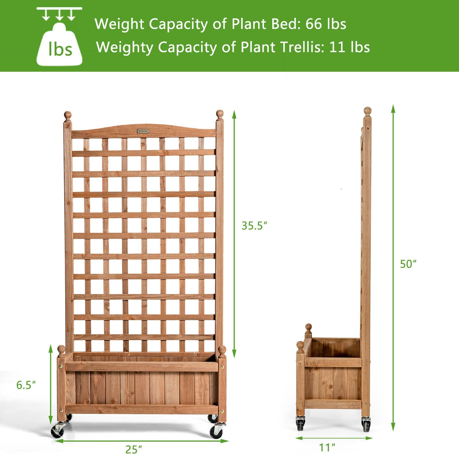 50 Inch Wood Planter Box with Trellis Mobile Raised Bed for Climbing Plant