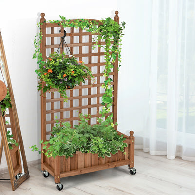 50 Inch Wood Planter Box with Trellis Mobile Raised Bed for Climbing PlantÂ 