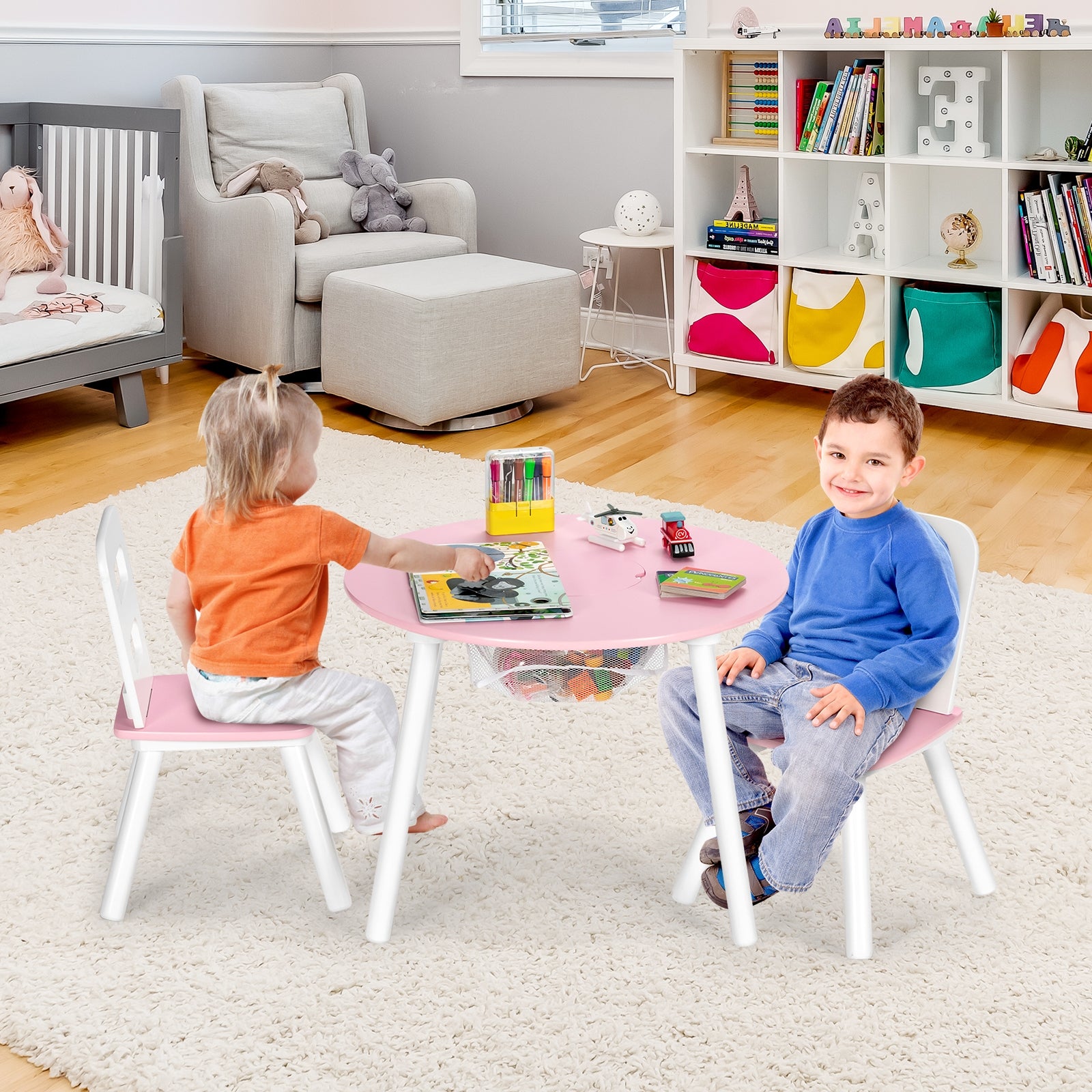 Wood Activity Kids Table and Chair Set with Center Mesh Storage for Snack Time and Homework-PinkÂ 