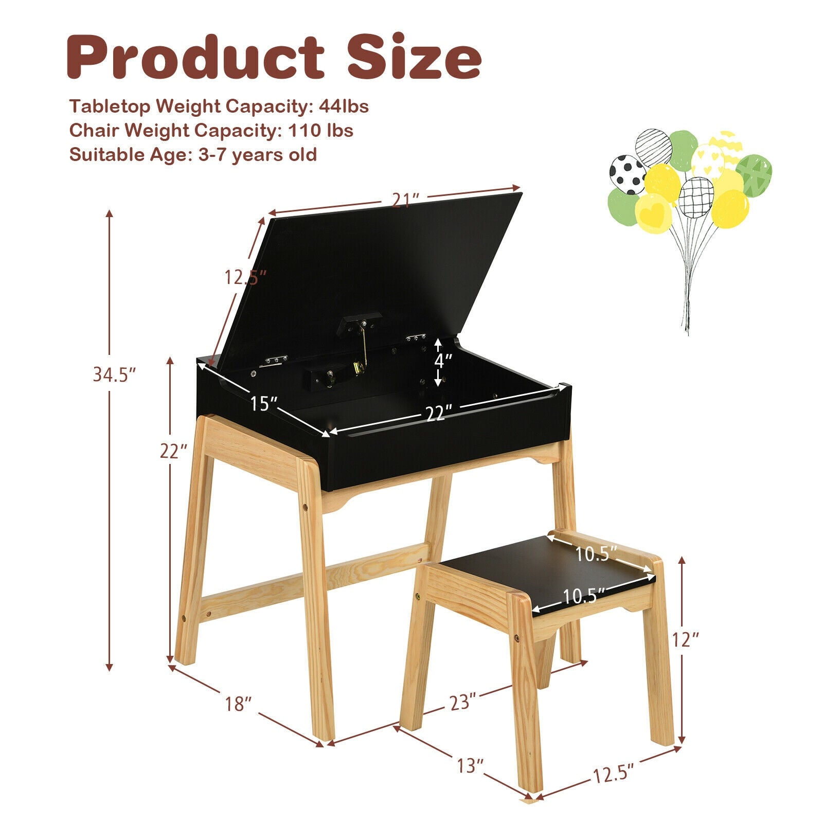 Kids Activity Table and Chair Set with Storage Space for Homeschooling-Black