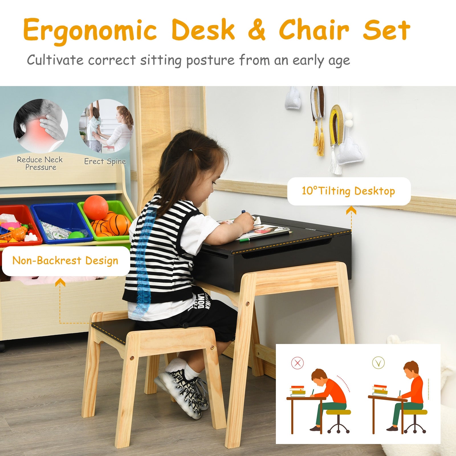 Kids Activity Table and Chair Set with Storage Space for Homeschooling-Black