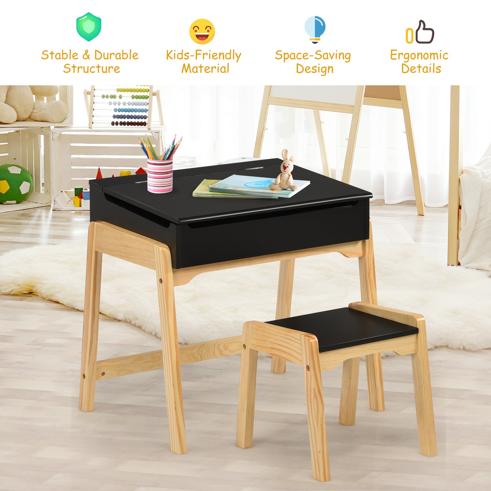 Kids Activity Table and Chair Set with Storage Space for Homeschooling-Black