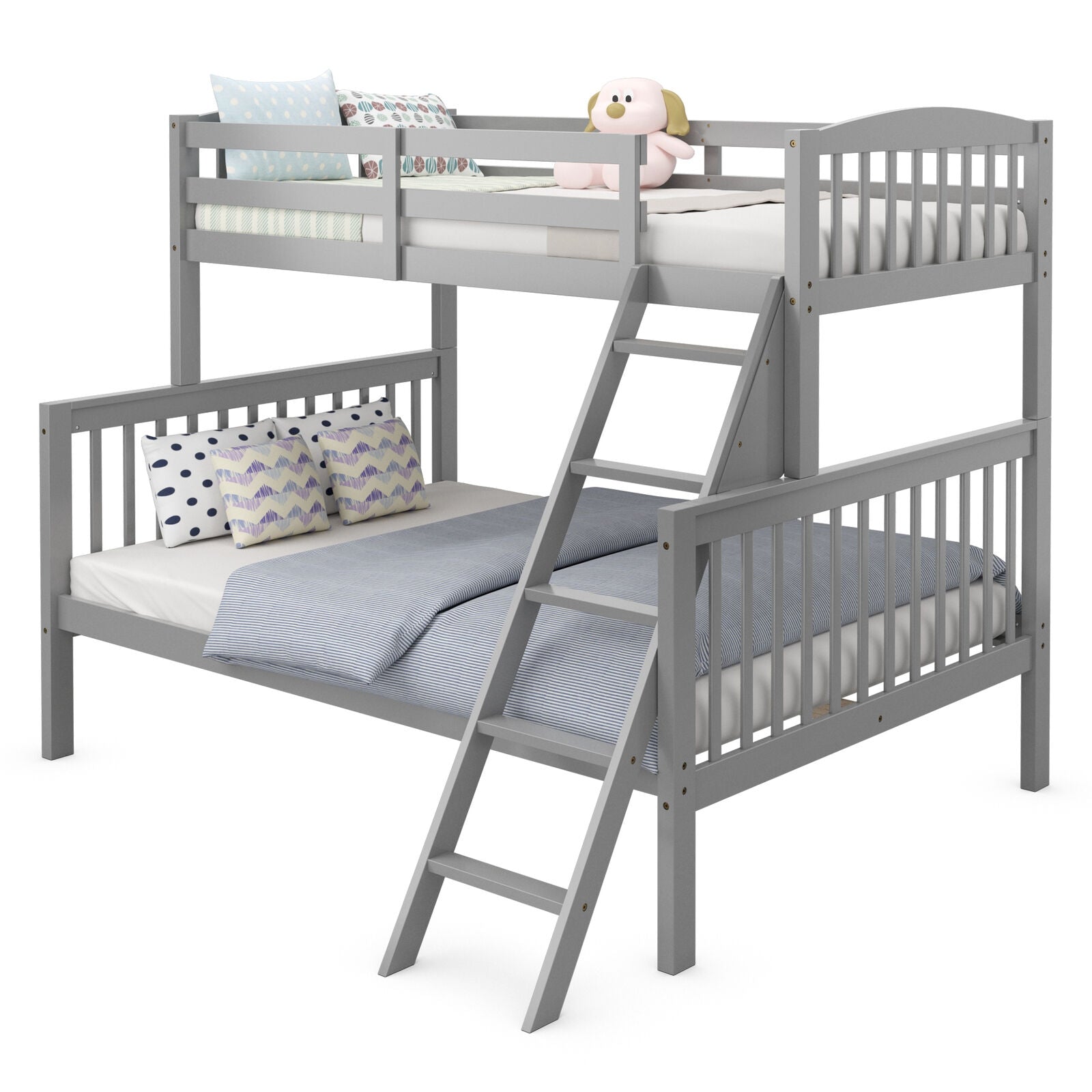 Twin over Full Bunk Bed Rubber Wood Convertible with Ladder Guardrail-Gray