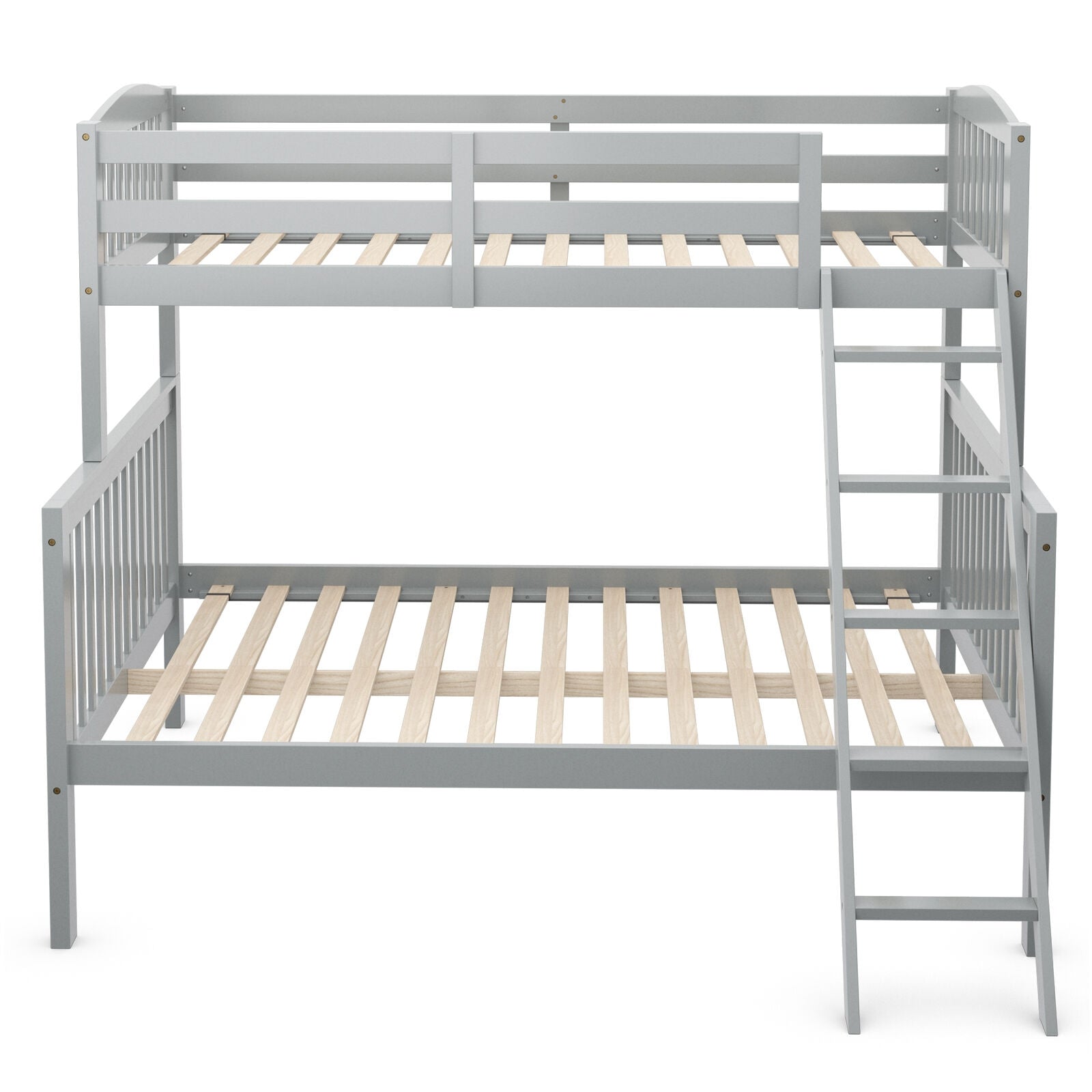 Twin over Full Bunk Bed Rubber Wood Convertible with Ladder Guardrail-Gray