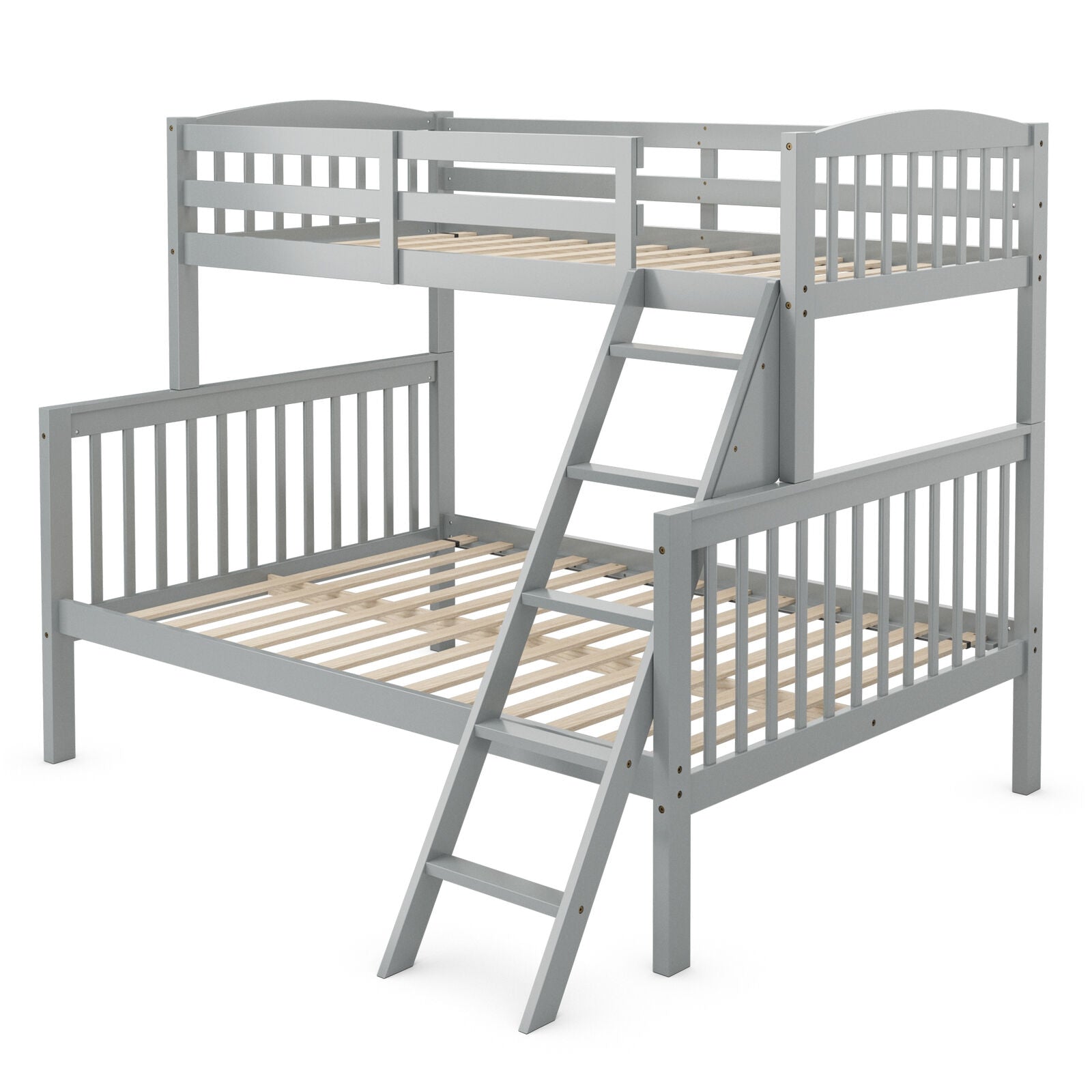 Twin over Full Bunk Bed Rubber Wood Convertible with Ladder Guardrail-Gray