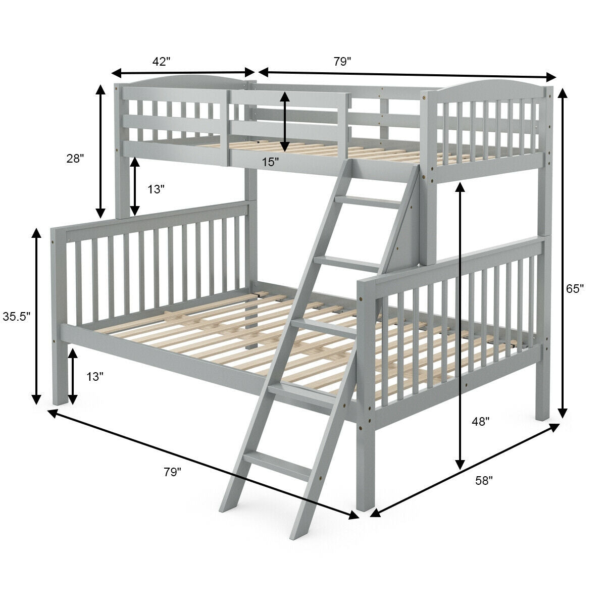 Twin over Full Bunk Bed Rubber Wood Convertible with Ladder Guardrail-Gray