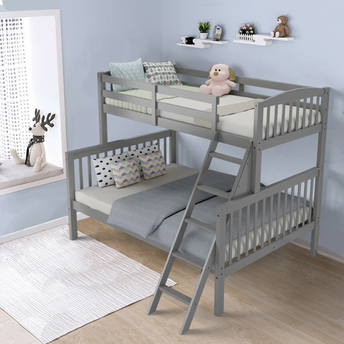 Twin over Full Bunk Bed Rubber Wood Convertible with Ladder Guardrail-Gray