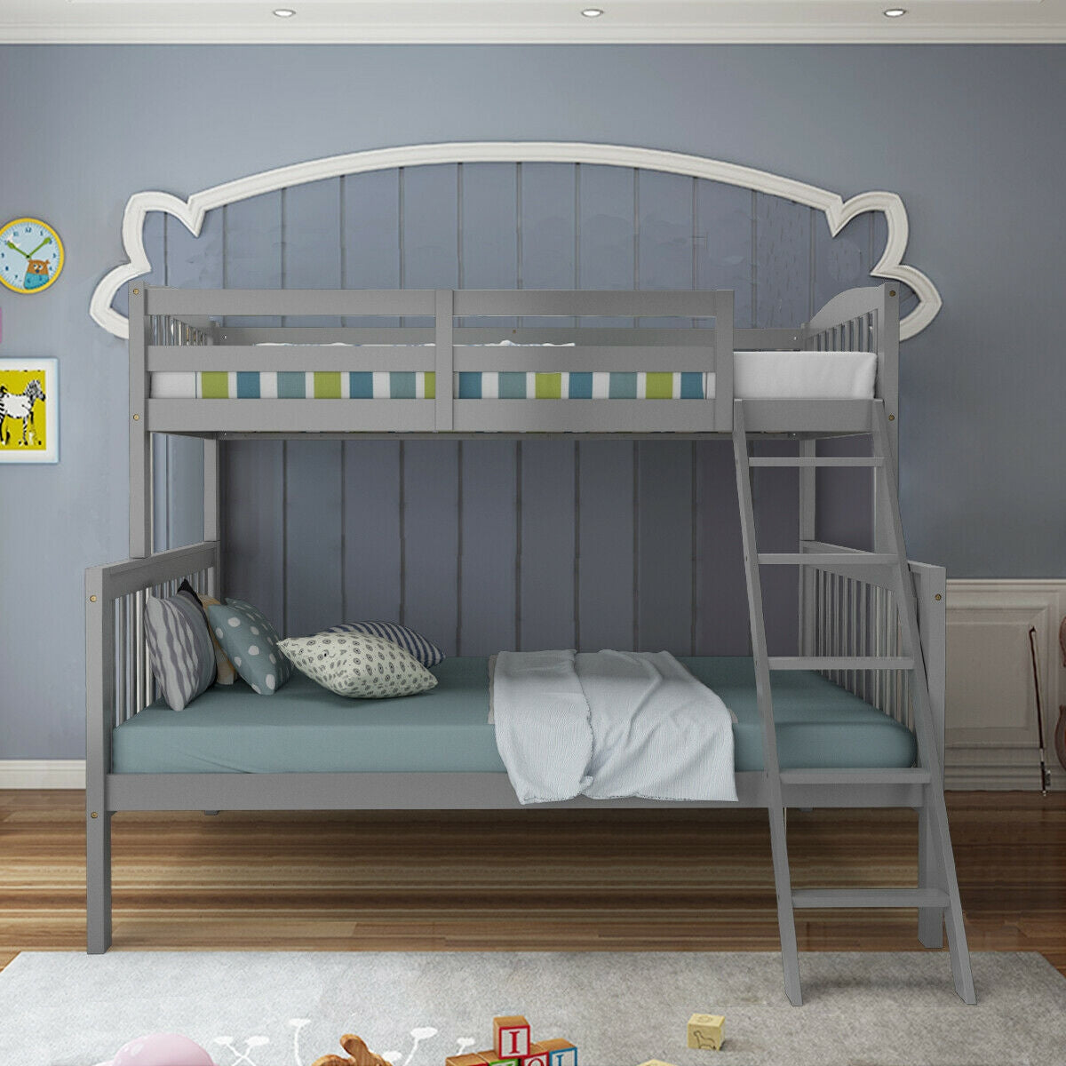 Twin over Full Bunk Bed Rubber Wood Convertible with Ladder Guardrail-Gray