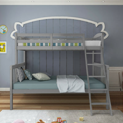 Twin over Full Bunk Bed Rubber Wood Convertible with Ladder Guardrail-GrayÂ 