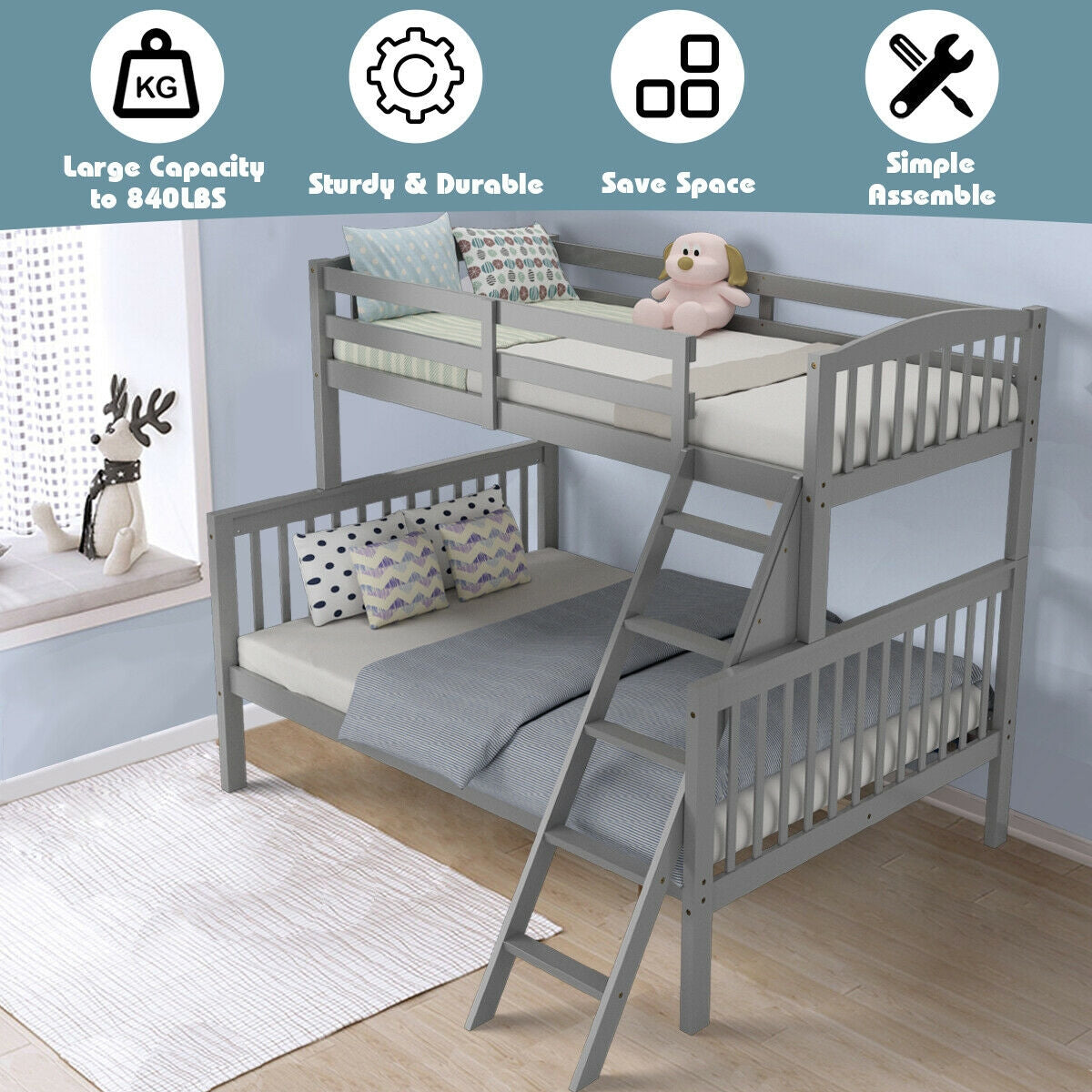 Twin over Full Bunk Bed Rubber Wood Convertible with Ladder Guardrail-Gray