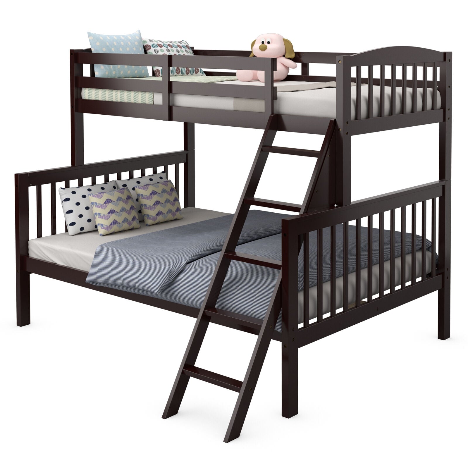 Twin over Full Bunk Bed Rubber Wood Convertible with Ladder Guardrail-Espresso