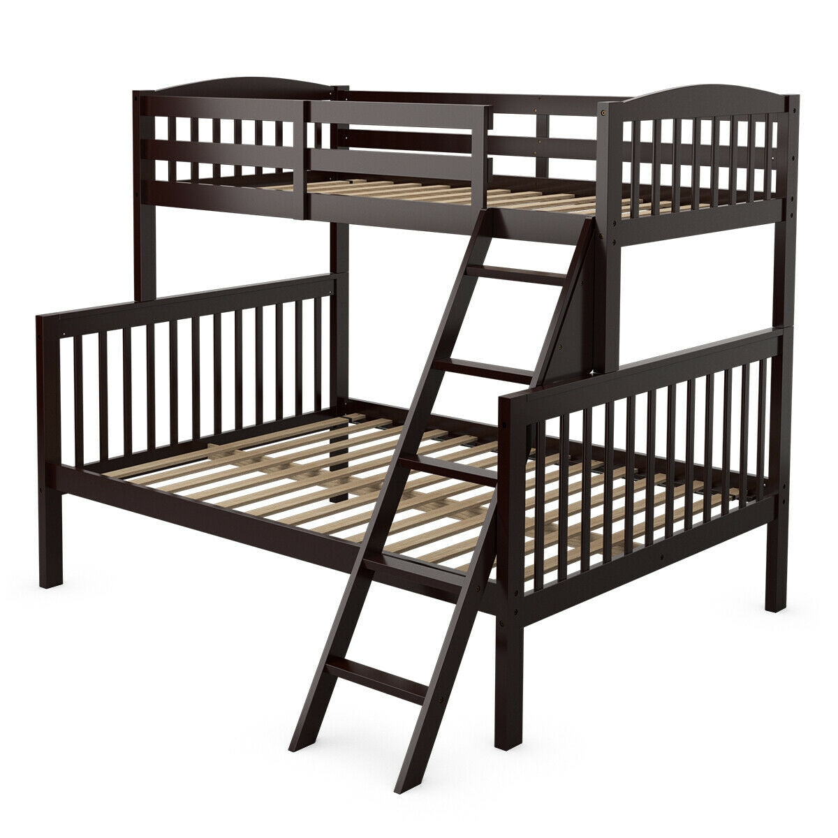 Twin over Full Bunk Bed Rubber Wood Convertible with Ladder Guardrail-Espresso