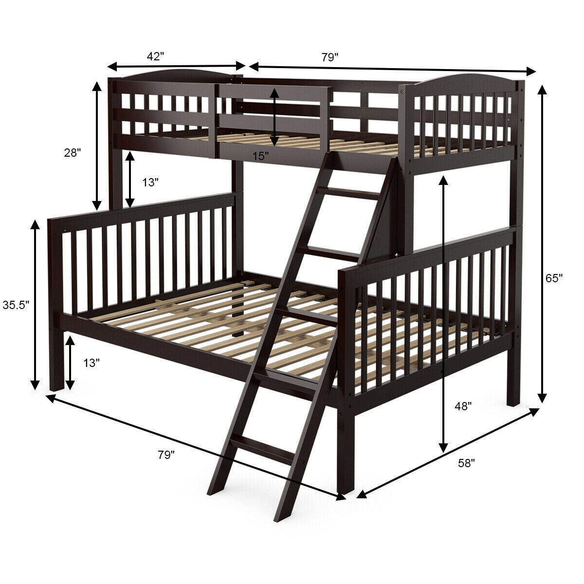 Twin over Full Bunk Bed Rubber Wood Convertible with Ladder Guardrail-Espresso