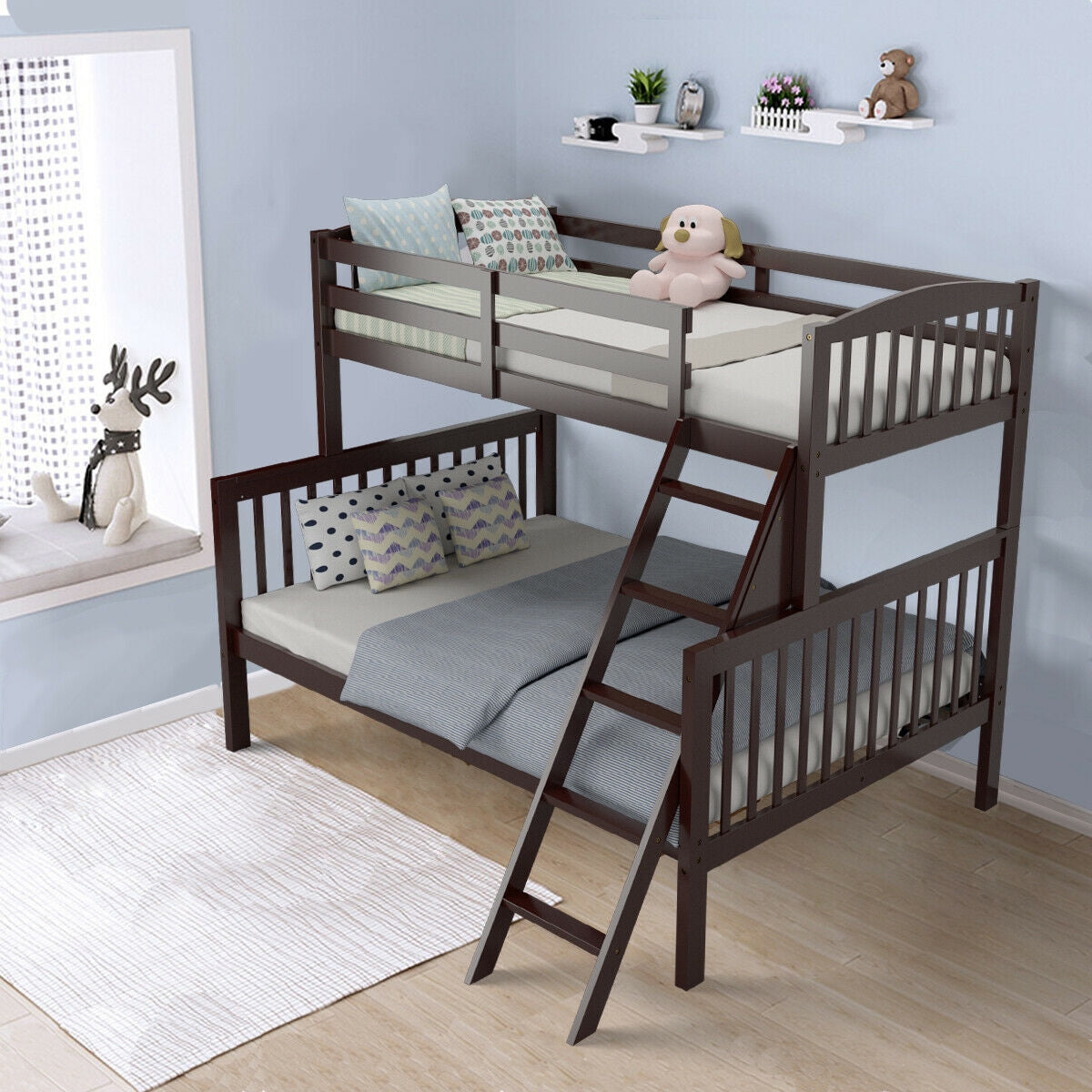 Twin over Full Bunk Bed Rubber Wood Convertible with Ladder Guardrail-Espresso