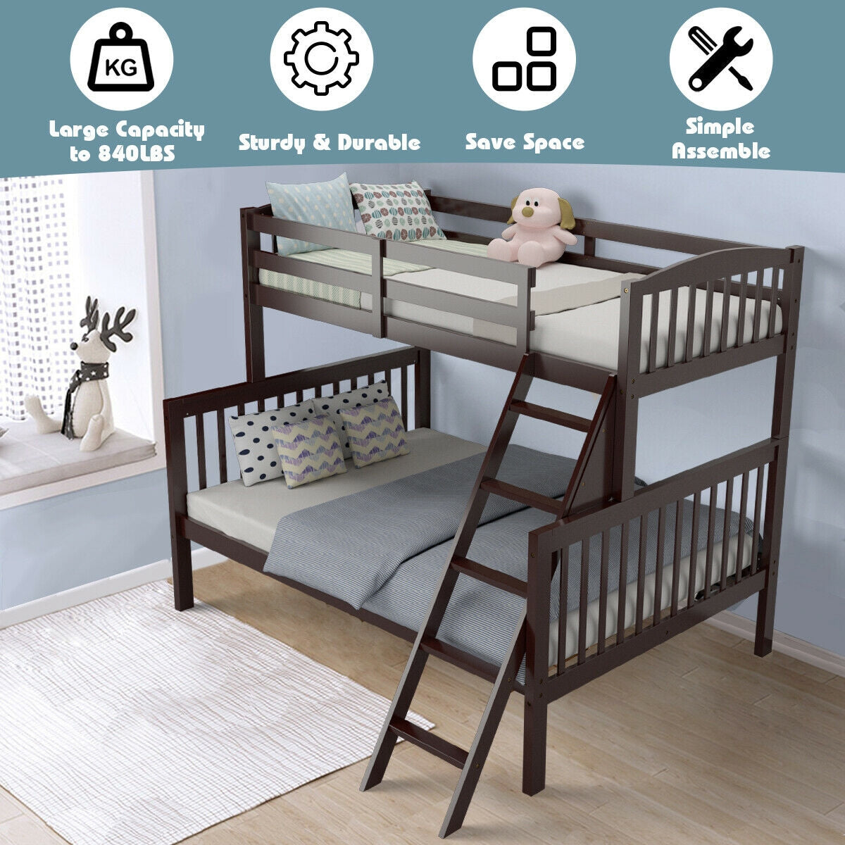 Twin over Full Bunk Bed Rubber Wood Convertible with Ladder Guardrail-Espresso