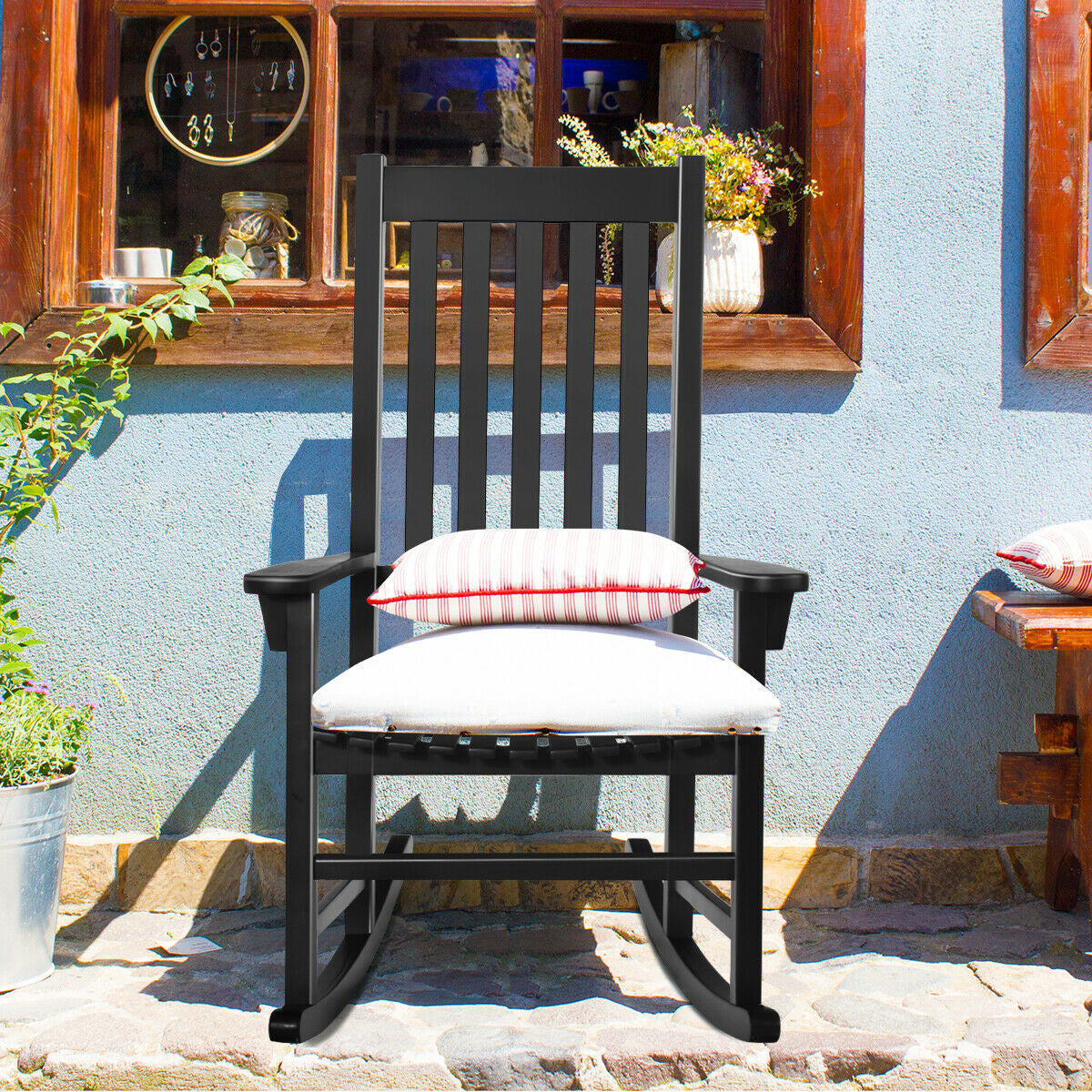 Indoor Outdoor Wooden High Back Rocking Chair-Black