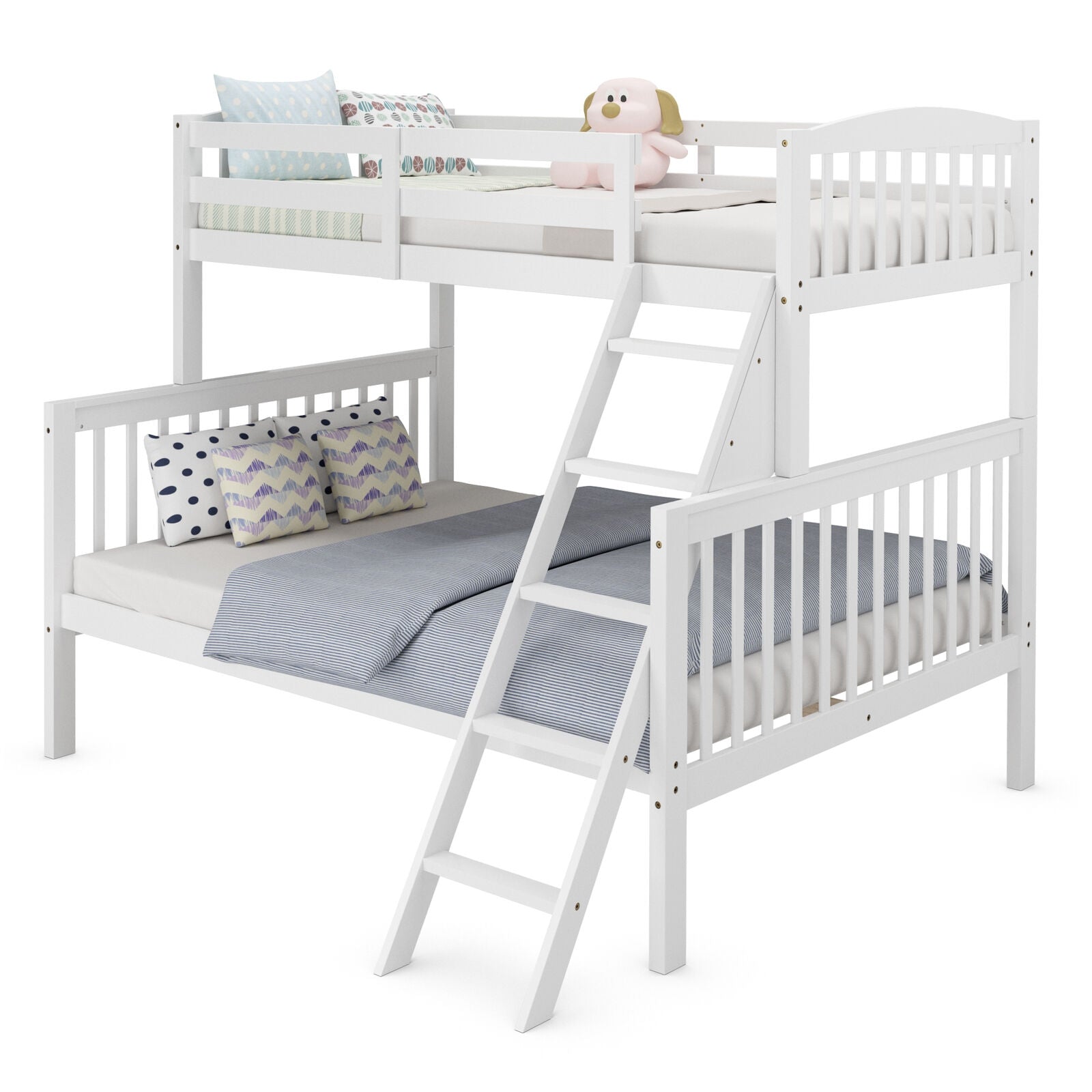 Twin over Full Bunk Bed Rubber Wood Convertible with Ladder Guardrail-White