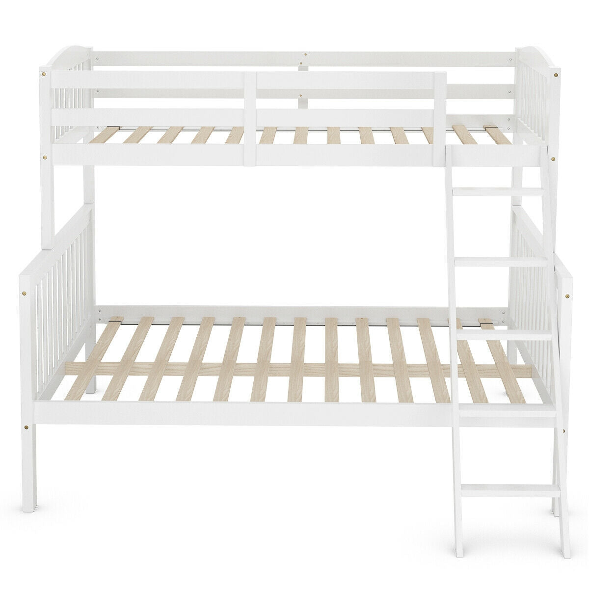 Twin over Full Bunk Bed Rubber Wood Convertible with Ladder Guardrail-White