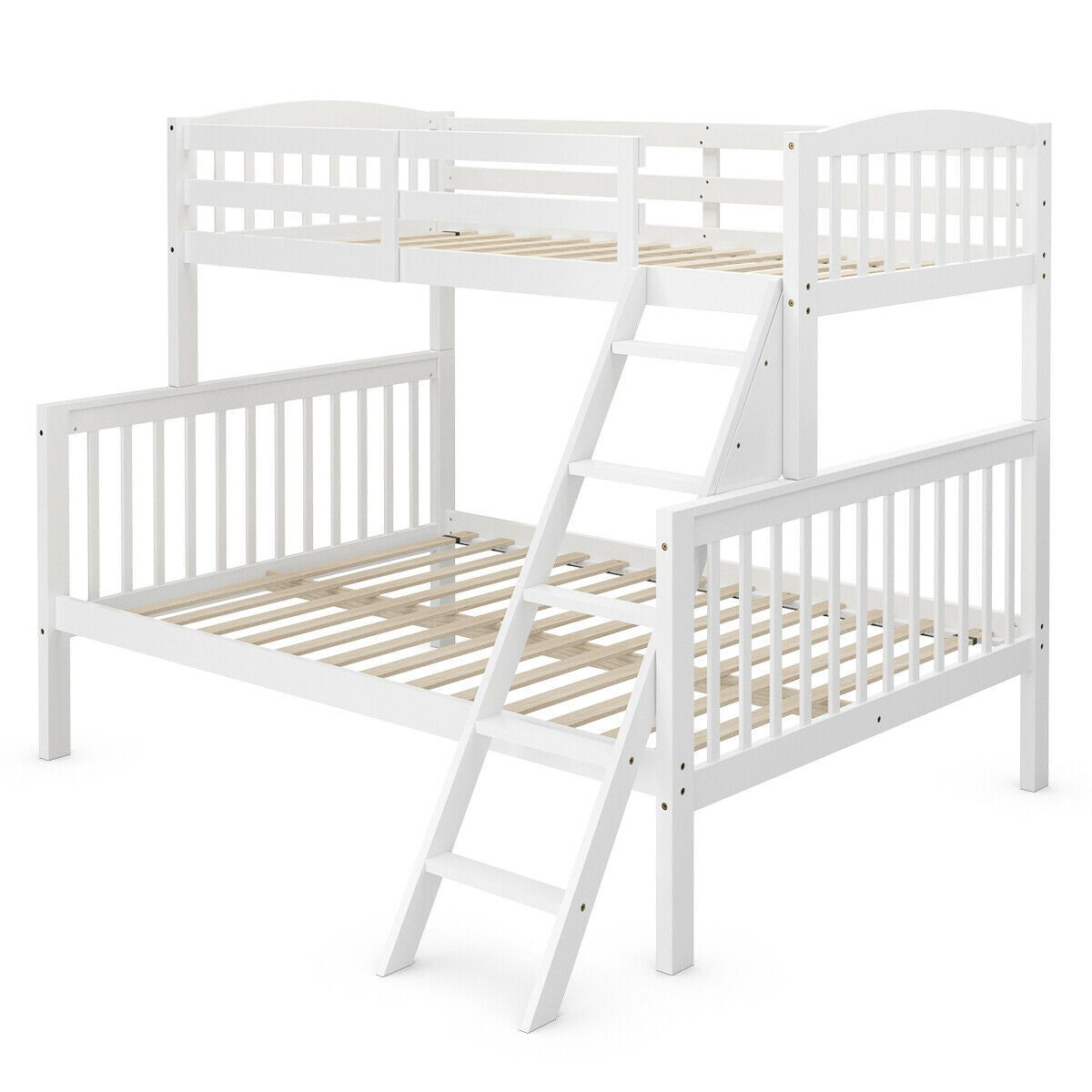 Twin over Full Bunk Bed Rubber Wood Convertible with Ladder Guardrail-White