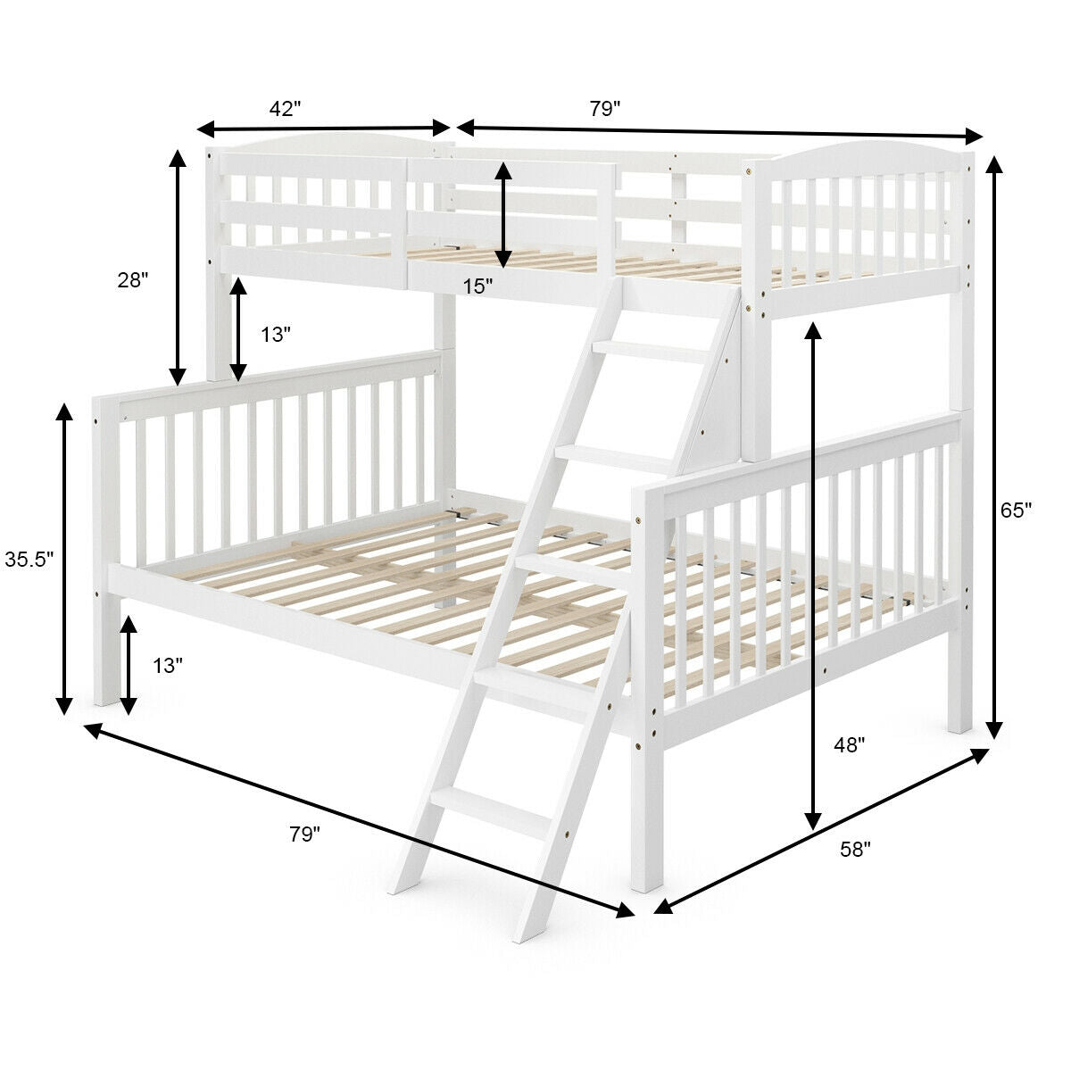 Twin over Full Bunk Bed Rubber Wood Convertible with Ladder Guardrail-White