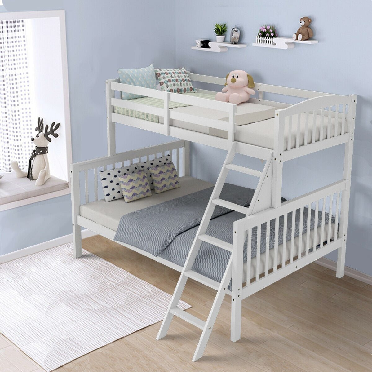 Twin over Full Bunk Bed Rubber Wood Convertible with Ladder Guardrail-White