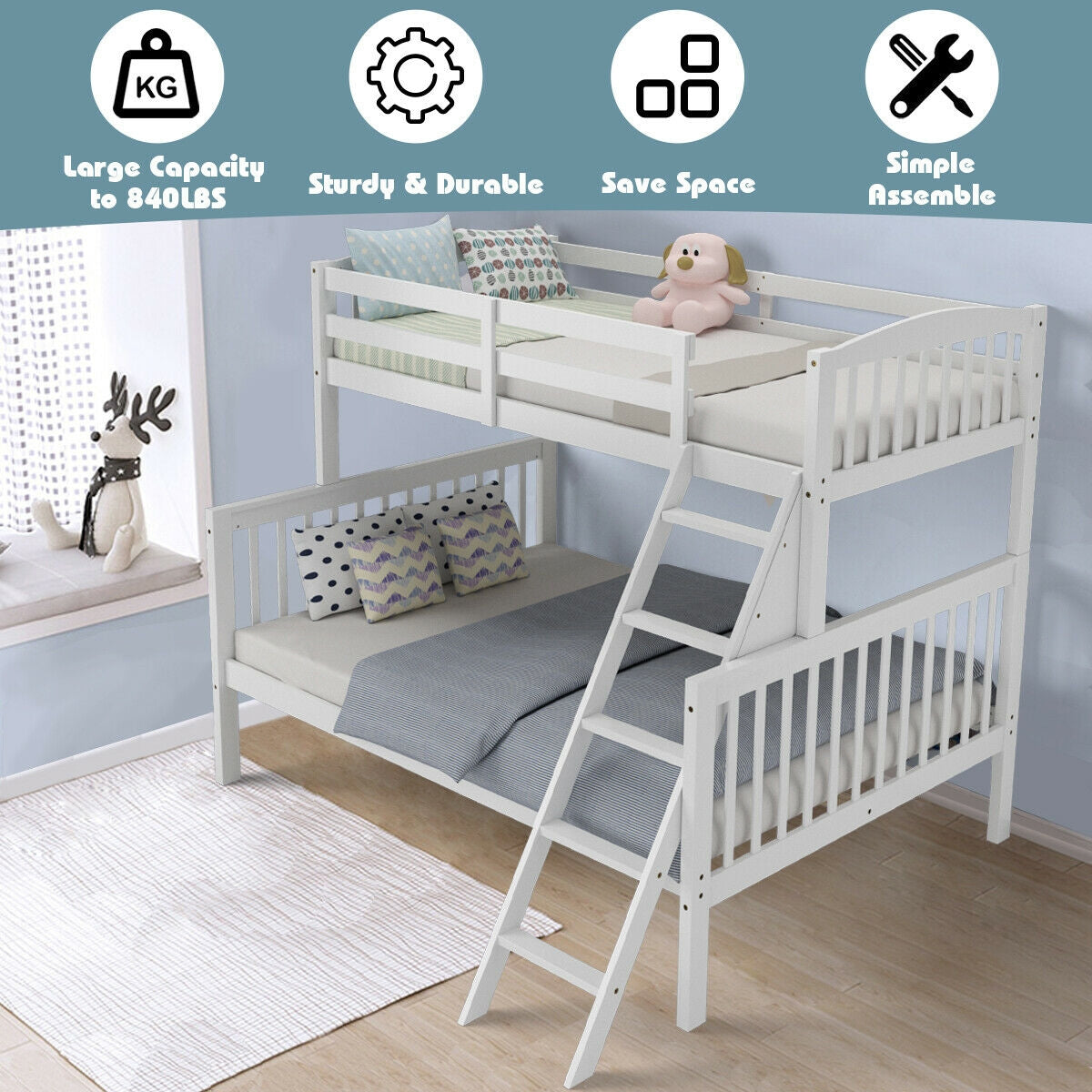 Twin over Full Bunk Bed Rubber Wood Convertible with Ladder Guardrail-White