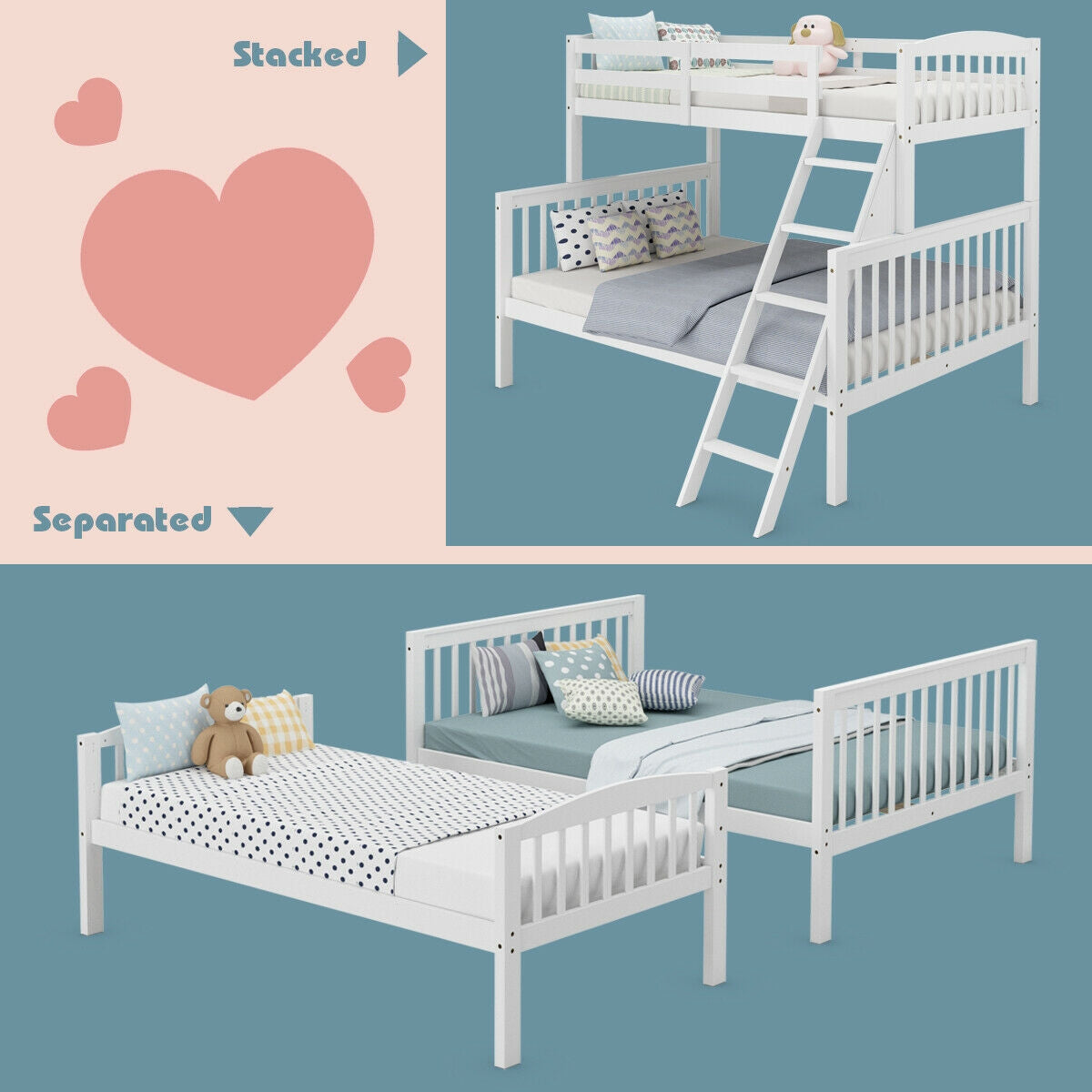 Twin over Full Bunk Bed Rubber Wood Convertible with Ladder Guardrail-White