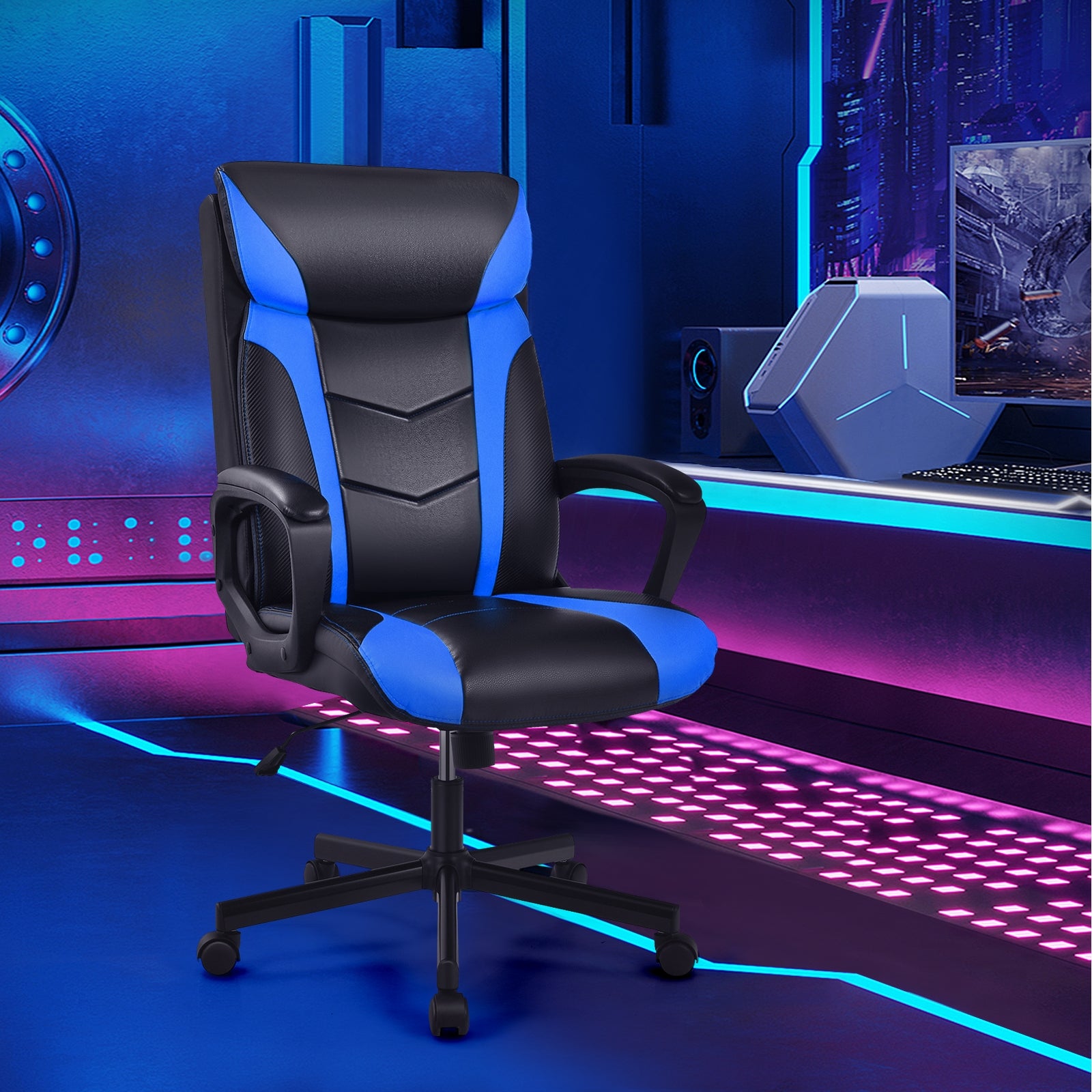 Swivel PU Leather Office Gaming Chair with Padded Armrest-Blue