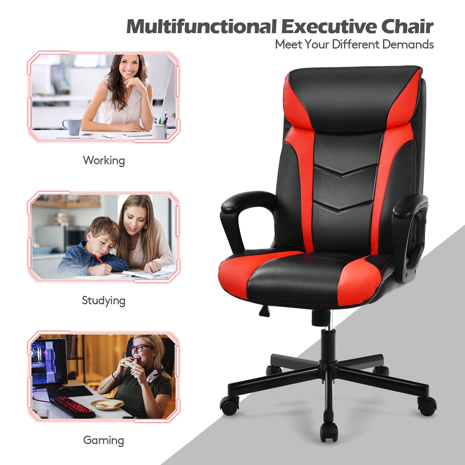 Swivel PU Leather Office Gaming Chair with Padded Armrest-Red