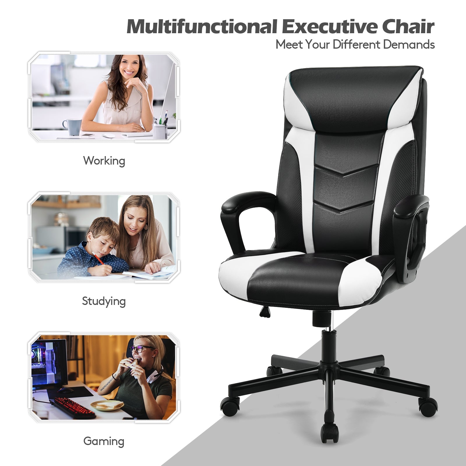 Swivel PU Leather Office Gaming Chair with Padded Armrest-White