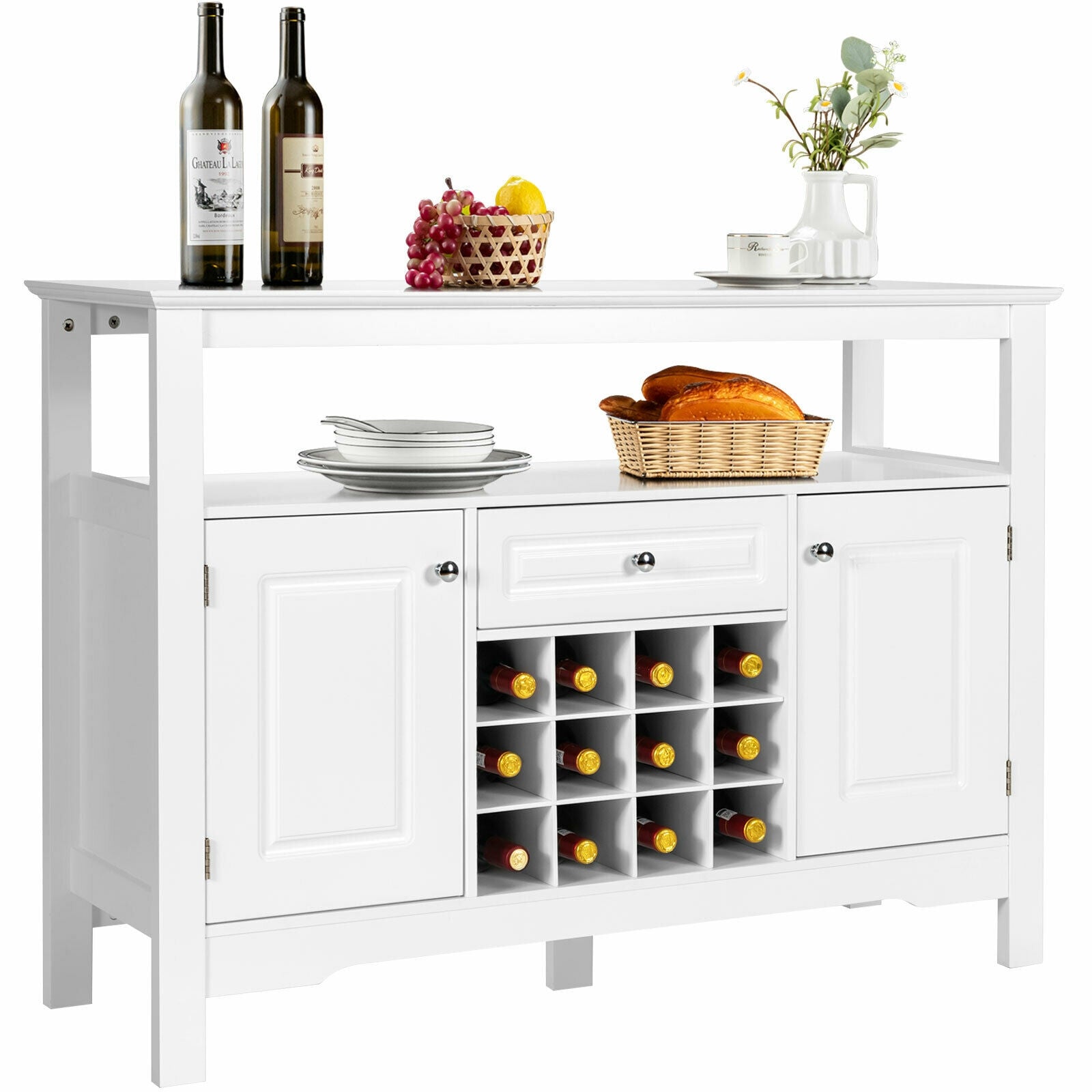 Elegant Classical Multifunctional Wooden Wine Cabinet Table White