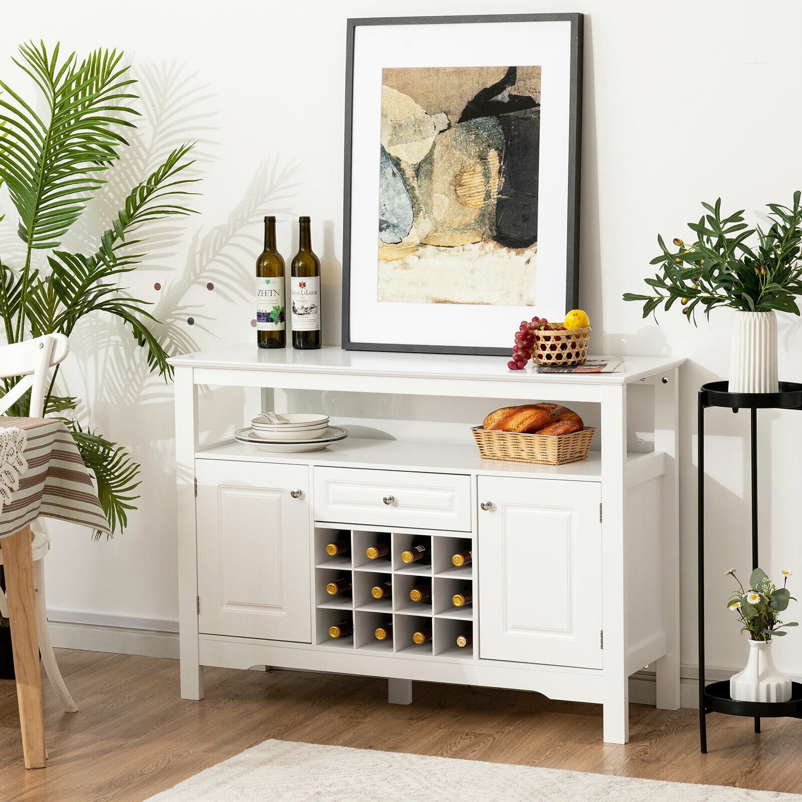 Elegant Classical Multifunctional Wooden Wine Cabinet Table White