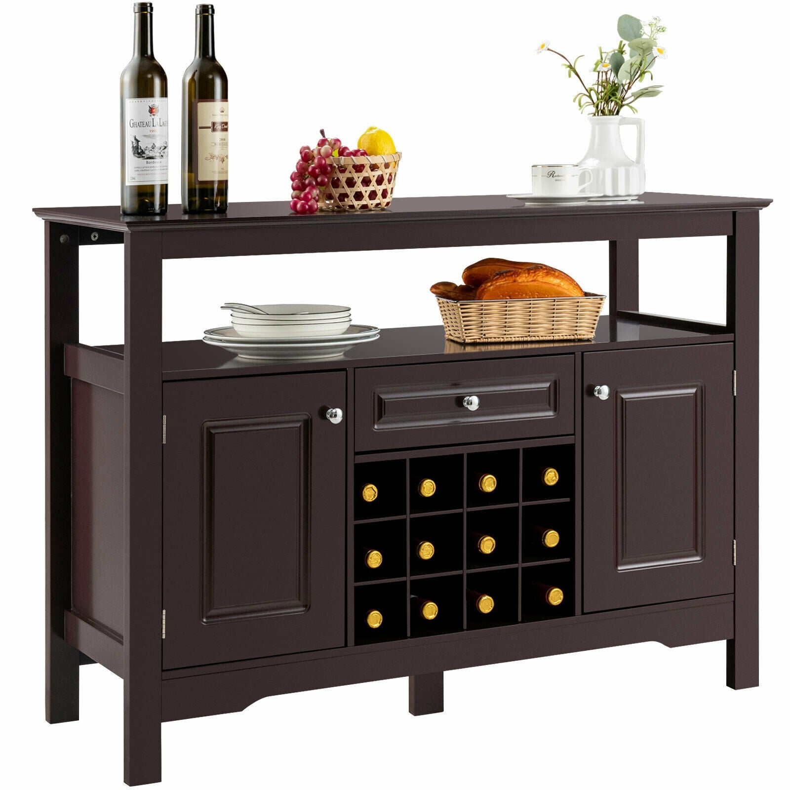 Elegant Classical Multifunctional Wooden Wine Cabinet Table Brown