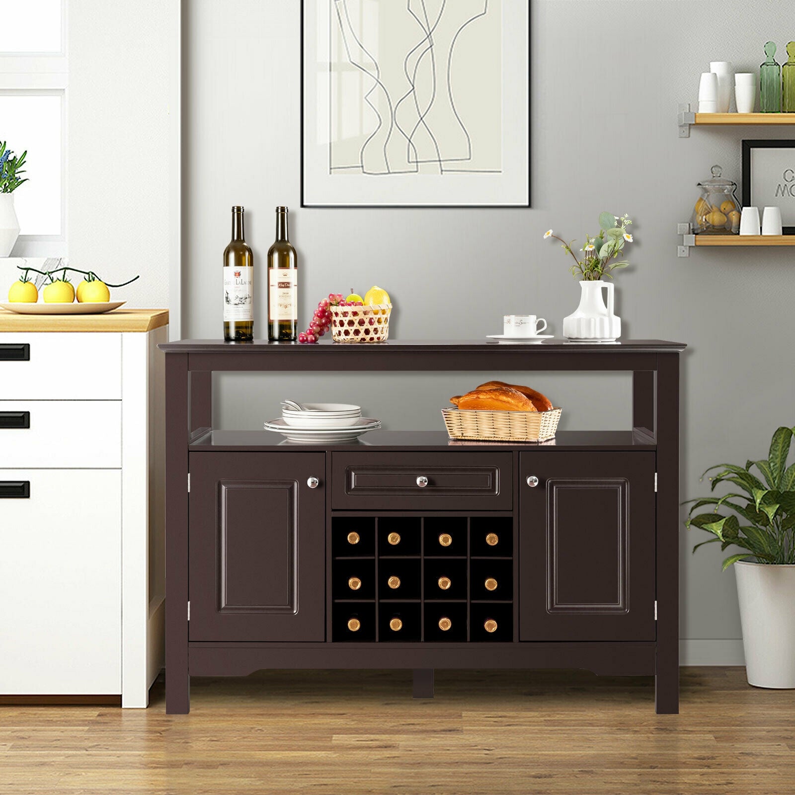 Elegant Classical Multifunctional Wooden Wine Cabinet Table Brown